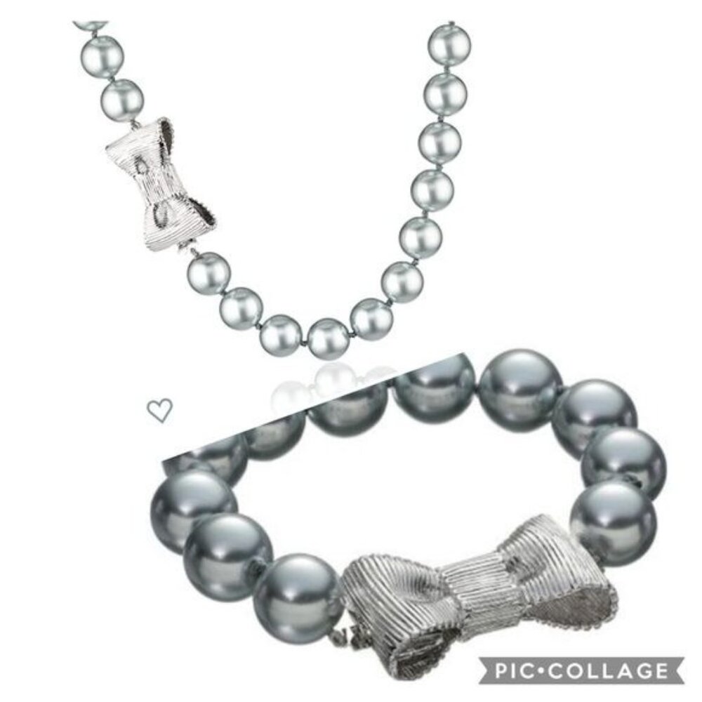 Kate Spade New York All Wrapped Up Pearl Necklace & Bracelet Set Silver Gray Bow - Picture 2 of 8